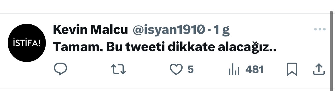 Rabia fark ettin mi? Tweeti yetkili kişilere ulaştırdık, oturduk istişarede bulunduk istifa yazmaya karar verdik. Beğendin mi? Babanada sorar mısın memnun mu? Ona göre istifa tweetini de gözden geçirelim.🤔