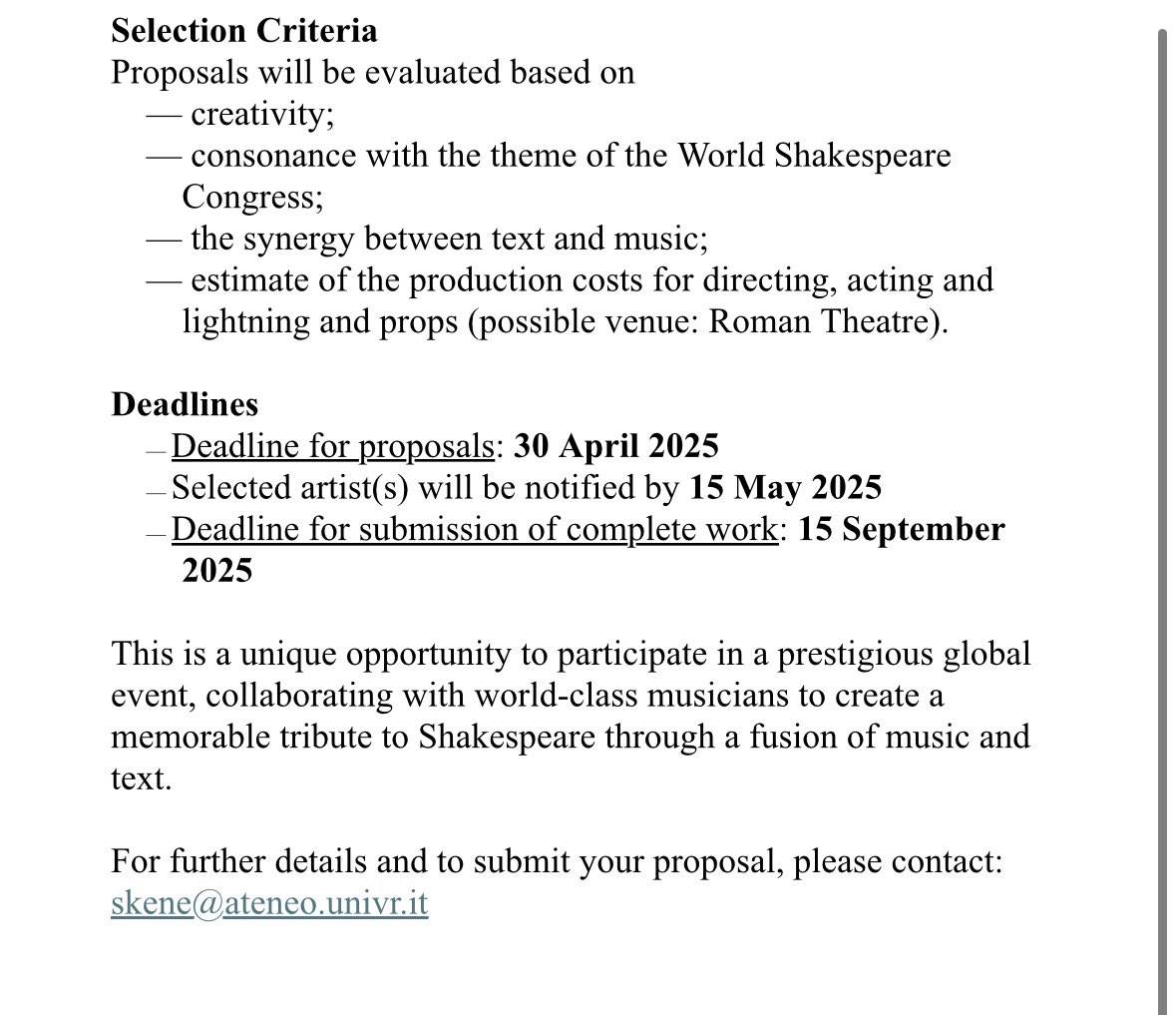 Dear friends,
We are happy to share the following CfP: “Creative Text for Musical Performance” to showcase a brand-new work for a premiere at the World Shakespeare Congress 2026 (#wsc2026) in Verona. 

Please circulate this call and let ppl know about this unmissable chance! 🍀