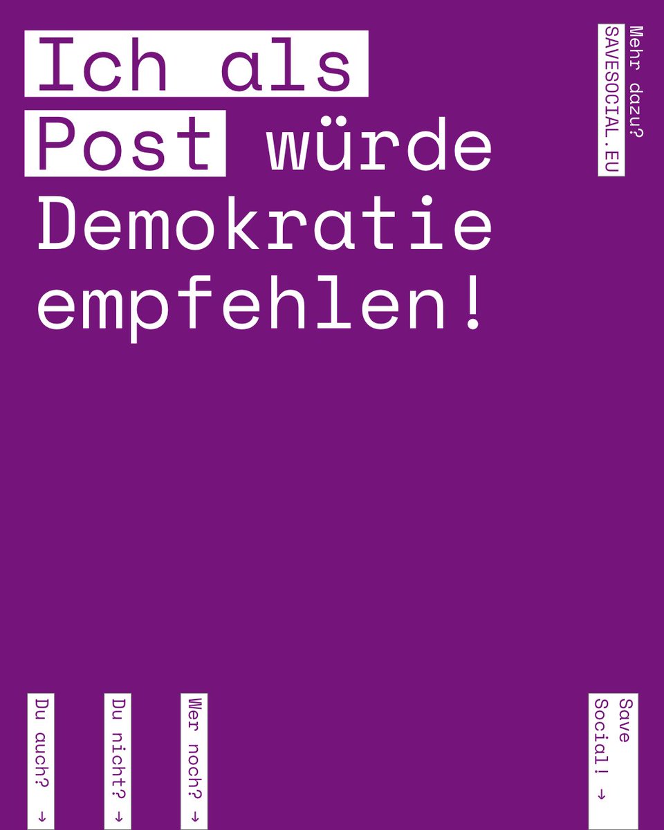 Ich unterstütze die Aktion #SaveSocial, weil wir Soziale Netzwerke fernab chinesischer und US-amerikanischer Monopolkonzerne brauchen. Es gilt das Grundrecht auf Meinungs- und Informationsfreiheit zu bewahren und gleichzeitig Desinformation zu verhindern. savesocial.eu