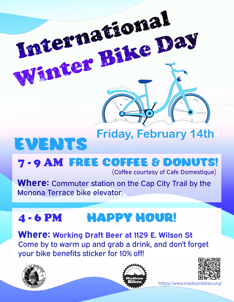 2 Events, This Friday Feb. 14, 2025, Thanks to Madison Bikes on International Winter Bike Day! Read more: cityofmadison.com/news/2025-02-0…