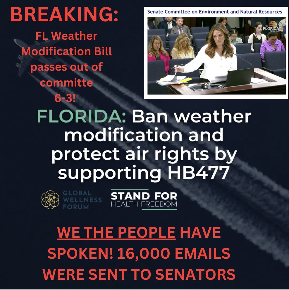 Sayer Ji (@sayerjigmi) on Twitter photo π¨ BREAKING! π¨ The Florida bill to END WEATHER MODIFICATION π¦οΈβ just PASSED out of committee moments ago in a 6-3 vote! β
π
The bill is moving forward!!
A huge THANK YOU π to Senator Garcia <a href="/IleanaGarciaUSA/">Ileana Garcia</a>, Marla Maples <a href="/itsmarlamaples/">marla maples</a>, The Global Wellness Forum π¨ BREAKING! π¨ The Florida bill to END WEATHER MODIFICATION π¦οΈβ just PASSED out of committee moments ago in a 6-3 vote! β
π
The bill is moving forward!!
A huge THANK YOU π to Senator Garcia <a href="/IleanaGarciaUSA/">Ileana Garcia</a>, Marla Maples <a href="/itsmarlamaples/">marla maples</a>, The Global Wellness Forum