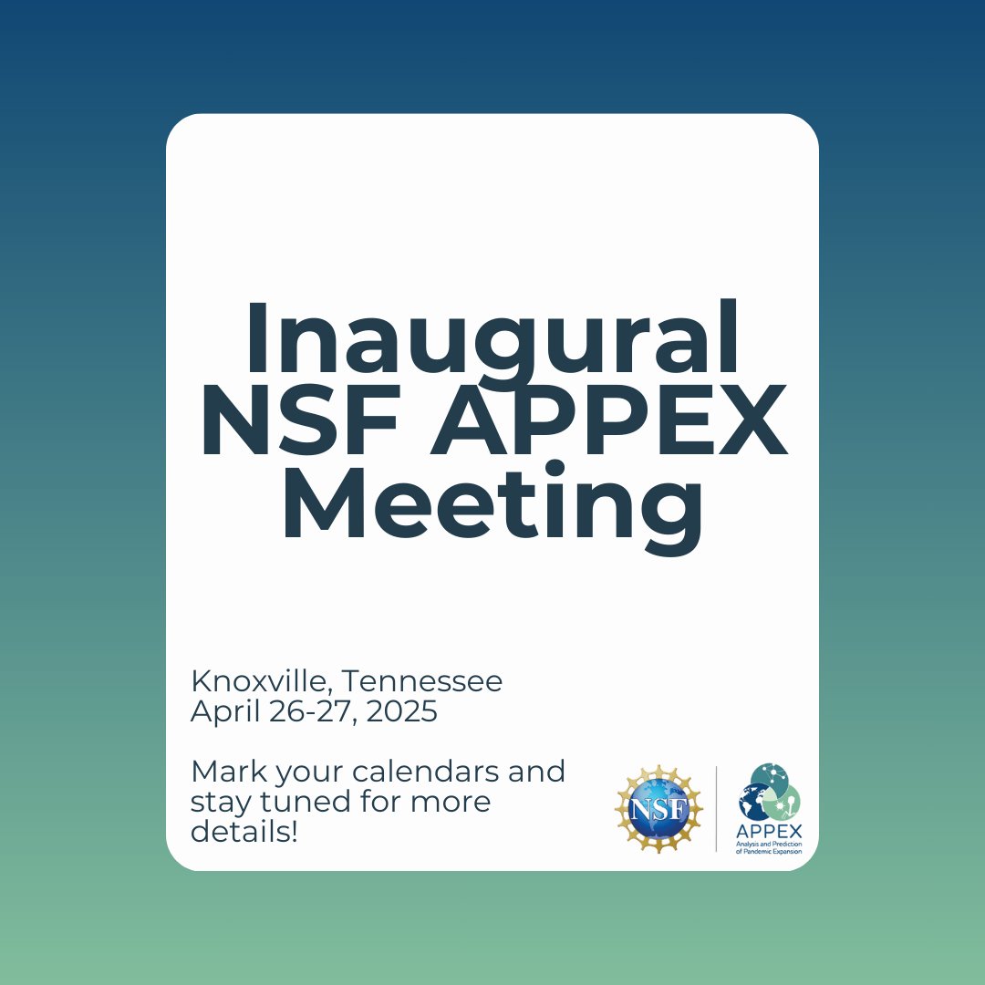 NSF APPEX Center (@nsf_appexcenter) on Twitter photo Save the Date! The NSF APPEX Inaugural meeting is happening in Knoxville, Tennessee on April 26–27, 2025 (Saturday & Sunday). 📅 Mark your calendars and stay tuned for more details! <a href="/ArtsSciencesUT/">UT Arts & Sciences</a> <a href="/UF_EPI/">Emerging Pathogens Institute</a> Save the Date! The NSF APPEX Inaugural meeting is happening in Knoxville, Tennessee on April 26–27, 2025 (Saturday & Sunday). 📅 Mark your calendars and stay tuned for more details! <a href="/ArtsSciencesUT/">UT Arts & Sciences</a> <a href="/UF_EPI/">Emerging Pathogens Institute</a>