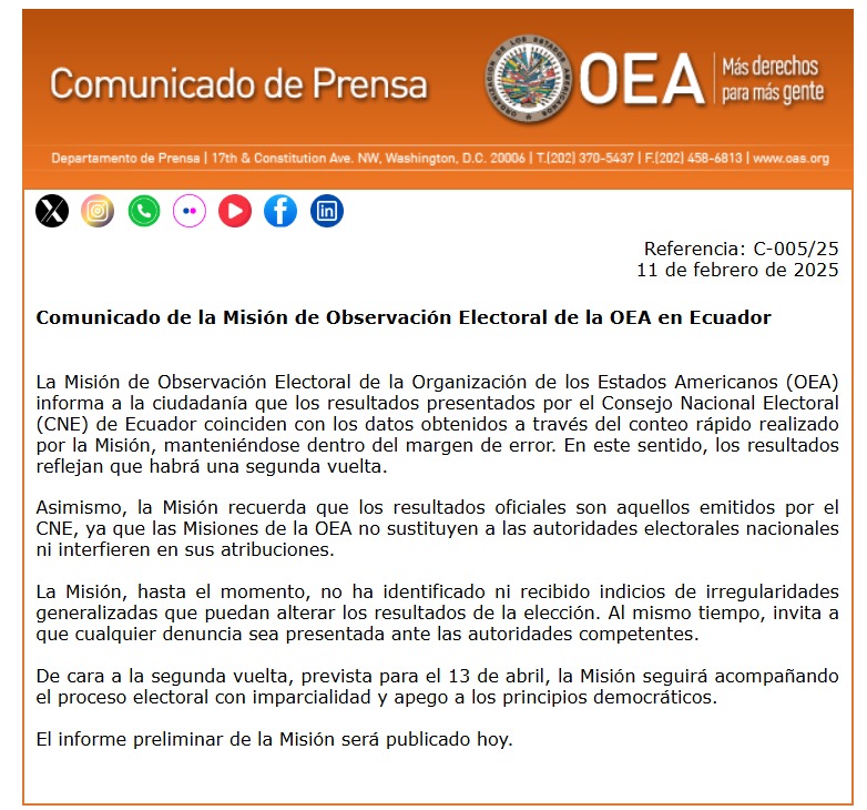 En la mañana Daniel Noboa sale a decir que la OEA encontró irregularidades en su conteo rápido de las votaciones, y solo cinco horas después, la misma OEA tiene que salir a desmentirlo y aclarar que no ha encontrado ninguna irregularidad. Nos gobierna un mentiroso compulsivo.