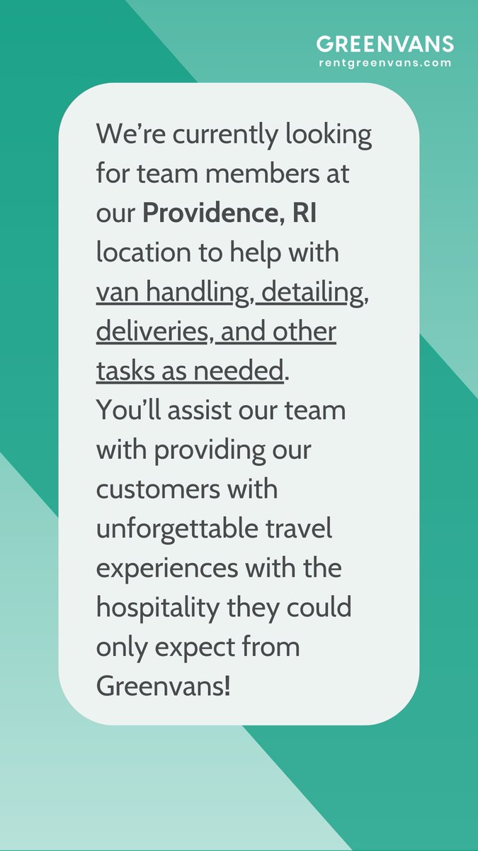 greenvans's tweet image. HANDLERS NEEDED – 
Join the Greenvans Team!

We’re currently looking for team members at our Providence, RI location to help with van handling, detailing, deliveries, and other tasks as needed.

We’d love to hear from you!

greenvans.typeform.com/to/Ep9qIC70
