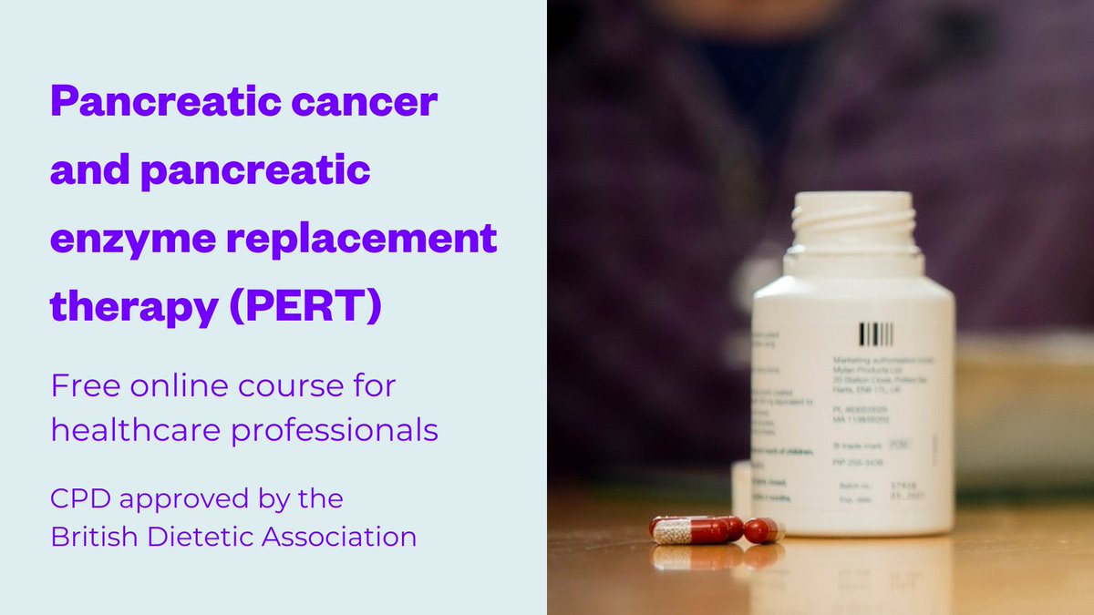 Our health professional's guide to pancreatic cancer and pancreatic enzyme replacement therapy (PERT) is a free online course CPD approved by <a href="/BDA_Dietitians/">British Dietetic Association</a>.  Take the course now for information and tips on effective use and troubleshooting: bit.ly/3YnsM1Q