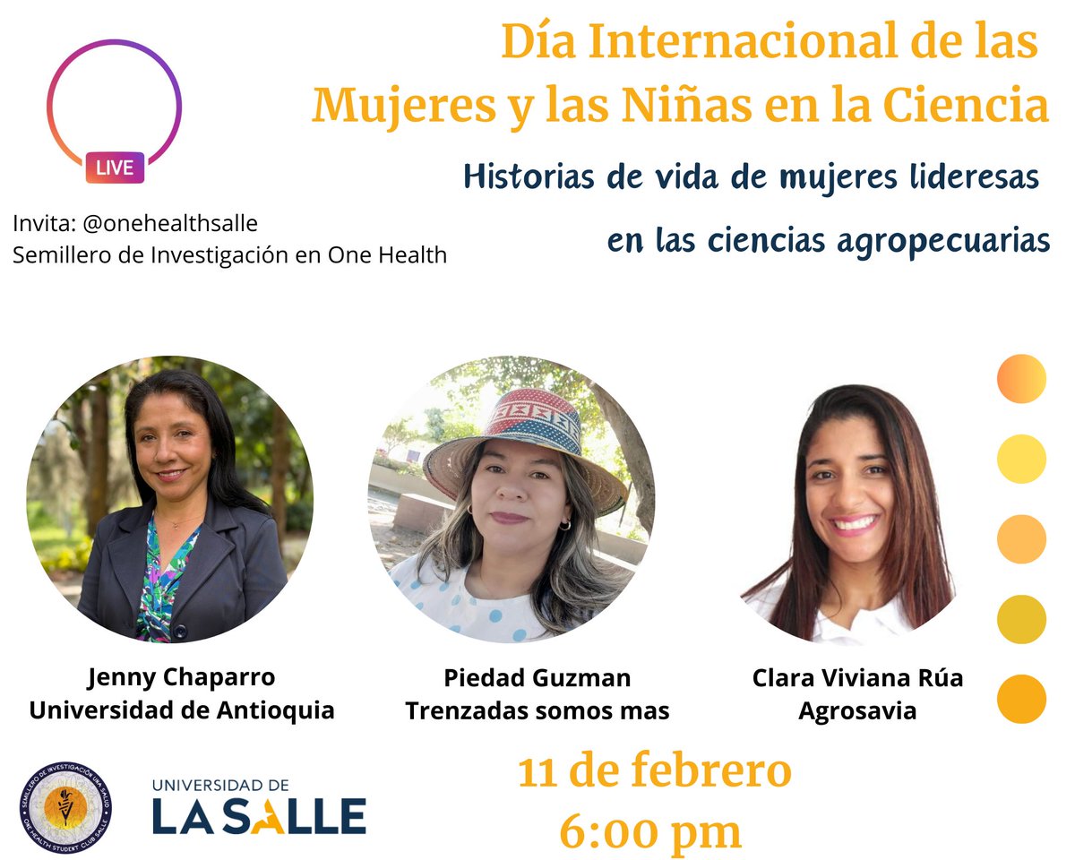 Natalia Cediel Becerra (@natacediel) on Twitter photo El semillero de investigación de Una salud invita a nuestro #Live de Hoy con motivo del Día Internacional de las Mujeres y las Niñas en la Ciencia.
<a href="/OneHealthSalle/">One Health Student Club Salle</a> El semillero de investigación de Una salud invita a nuestro #Live de Hoy con motivo del Día Internacional de las Mujeres y las Niñas en la Ciencia.
<a href="/OneHealthSalle/">One Health Student Club Salle</a>