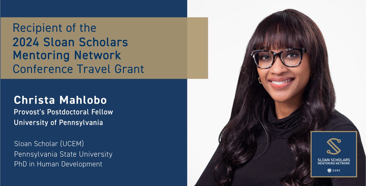 Sloan Scholars Mentoring Network (@sloannetwork) on Twitter photo #SSMNGrants spotlight: Dr. Mahlobo presented her talk, "Black American Flourishing through the Arts & Humanities," at the <a href="/APA/">American Psychological Association</a> convention.
💡 Interested in applying for an SSMN Grant? All Sloan Scholar alumni are eligible. Apply by 3/14: sloan-scholars.ssrc.org/page/grant-pro… #SSMNGrants spotlight: Dr. Mahlobo presented her talk, "Black American Flourishing through the Arts & Humanities," at the <a href="/APA/">American Psychological Association</a> convention.
💡 Interested in applying for an SSMN Grant? All Sloan Scholar alumni are eligible. Apply by 3/14: sloan-scholars.ssrc.org/page/grant-pro…
