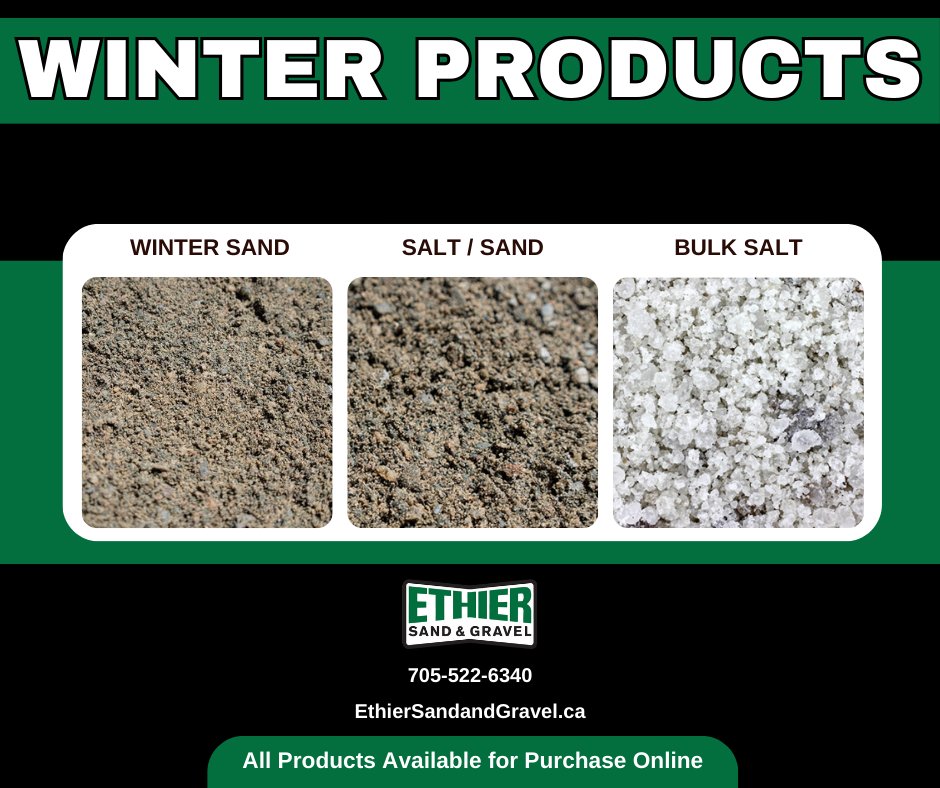 We're here to help you tackle those icy driveways and slippery walkways throughout the winter months. Keep your family, customers, and employees safe with our quality salt and sand products.

Bulk delivery available! Order now at ethiersandandgravel.ca or call us at 705-522-6340