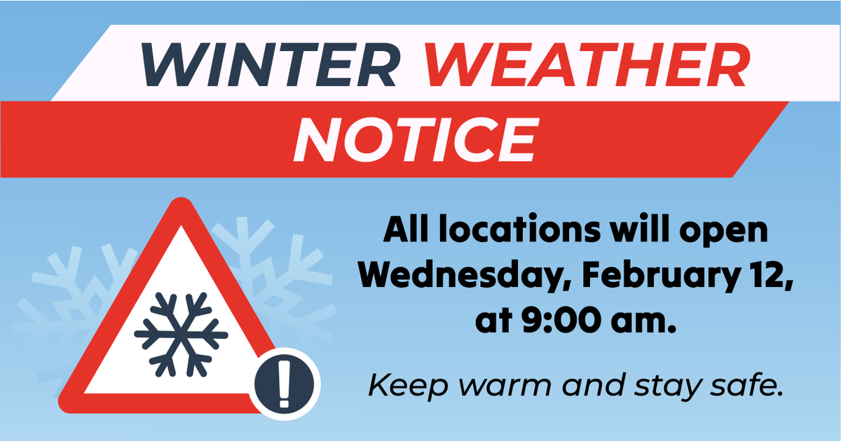 McClainBank's tweet photo. Due to the impending winter weather, all of our locations (including Drive-thrus) will open tomorrow, Wednesday, Feb 12, at 9:00 am. Keep warm and stay safe. https://t.co/z9048syxLv