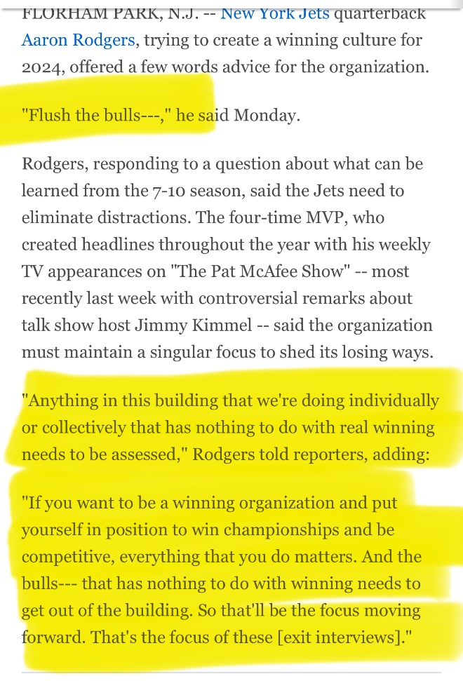So the Jets told Rodgers to focus on winning, forget McAfee and you need to attend camps like everyone else.  
This is the standard Rodgers set for everyone else in Jan 2024.  He should have listened to himself. 

espn.com/nfl/story/_/id…