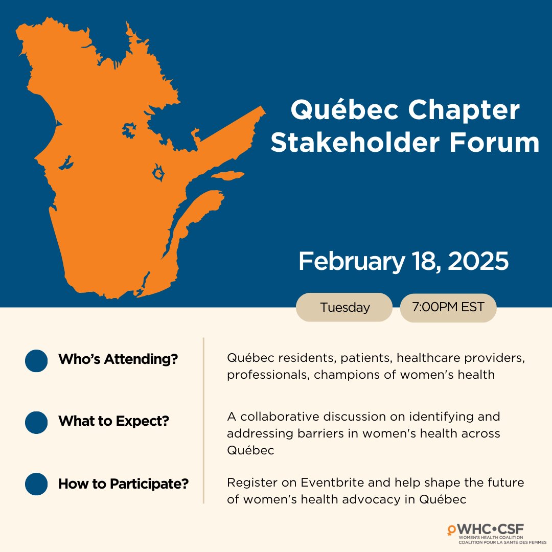 Join the Québec Chapter Stakeholder Forum on February 18, 2025, at 7:00 PM EST! 

📅 Let's collaborate to address barriers in women's health. 

Register now: eventbrite.ca/e/whc-of-canad…