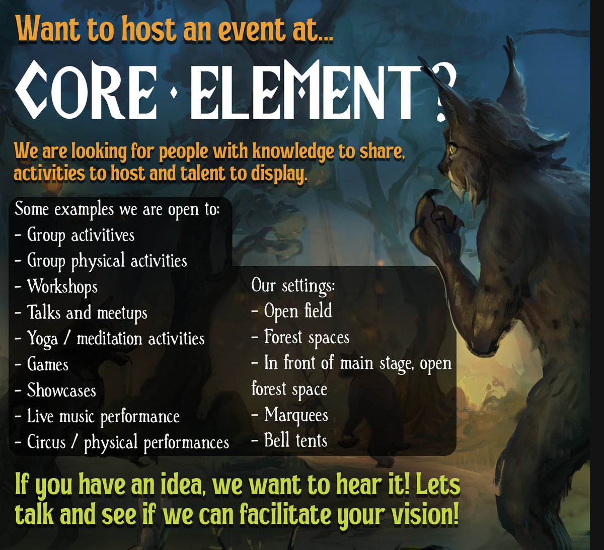 Ello you talented lot! Hosted an event, meet, workshop or talk before? Got an idea that would benefit from outdoor spaces? (We have tents/marquees too)! Let us know, sky is the limit!

You can find the ideas form by registering, then navigate to 'join the team' on our website.