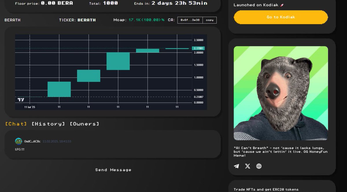 ⏳ 1 hour later...

Almost 100 memes have already been created, bonding curve volume hit $20K, and the first token has fully sent it through the curve.

Creators secured $150, and the token just landed on DexTools trending! 🚀🐻🔥

Congrats <a href="/BERATH_xyz/">Berath $BERATH 🐻⛓</a>!