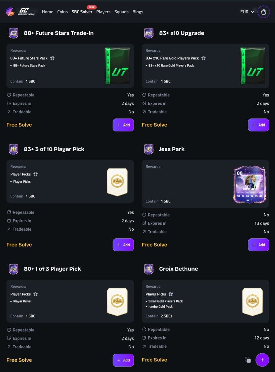 Gamecurrencynet's tweet photo. ๐ฅNew SBCs added!๐จ
Check out https://t.co/AdX5bxvq8Z to solve these SBCs in no time!
#Fc25 #EAFC25 #sbcsolution #SGCbot #GamingNews https://t.co/j0RAwlCzmD