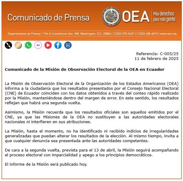 MoniVelasquezV's tweet photo. 🔴 La OEA desmiente las declaraciones del presidente Daniel Noboa sobre supuestas “irregularidades” en el proceso electoral.
💬 “Incluso no cuadraban con el conteo rápido de la OEA, el cual nos ponía con una cifra mayor”, dijo el primer mandatario en una entrevista.
📌 La respuesta de la OEA:
“La Misión, hasta el momento, no ha identificado ni recibido indicios de irregularidades generalizadas que puedan alterar los resultados de la elección”.