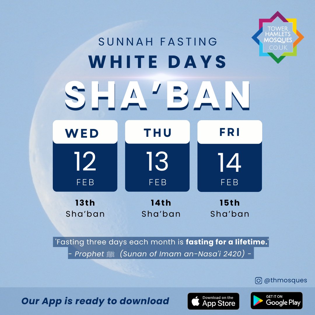 An excellent opportunity to fast 3 consecutive days in preparation for the blessed month of Ramadan.

#shaban #ayyamulbeed #sunnahfats #ramadan