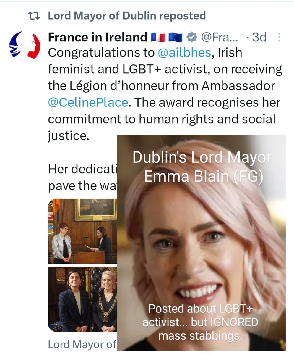 SuzieD755164's tweet photo. What kind of @LordMayorDublin doesn't seem to be bothered to post on her official x page about a mass stabbing event carried out by a criminal illegal alien in Dublin City, but has time to post about the back slapping of a far left trans activist who believes in puberty blockers for the kiddos? (Ailbhe Smith's public endorsement of puberty blocker obsessed @RuthCoppingerSP says it all).
Emma Blain is an abomination.