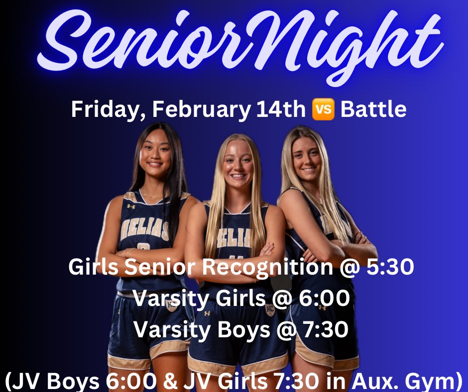 🗓️ Mark your calendars!!

SENIOR NIGHT this Friday night 🆚 Battle High School. 

⭐️Girls Senior Recognition @ 5:30
🏀Varsity Girls Game @ 6:00
⭐️Boys Senior Recognition after girls game 
🏀Varsity Boys @ 7:30

In Auxiliary Gym:
🏀JV Boys at 6:00
🏀JV Girls at 7:30