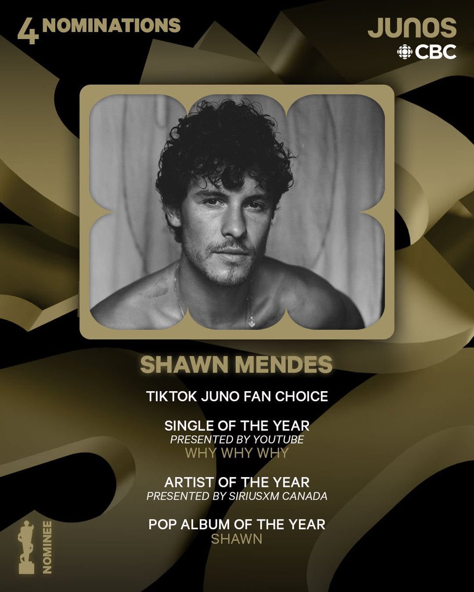 Congratulations to Shawn on his four <a href="/TheJUNOAwards/">The JUNO Awards</a> nominations! ♥️

♥️ TikTok Juno Fan Choice
♥️ Single Of The Year - “Why Why Why”
♥️ Artist Of The Year
♥️ Pop Album Of The Year - ‘Shawn’

Tune into the 54th annual #JUNOAwards on March 30 at 8pm ET/5pm PT on all CBC platforms.