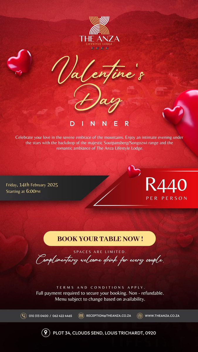 Treat your special someone to an unforgettable Valentine’s Day dinner at The Anza. Reserve your table for two and enjoy an evening of exquisite flavors and intimate ambiance. 

Call us to make a reservation 010 313 0400
