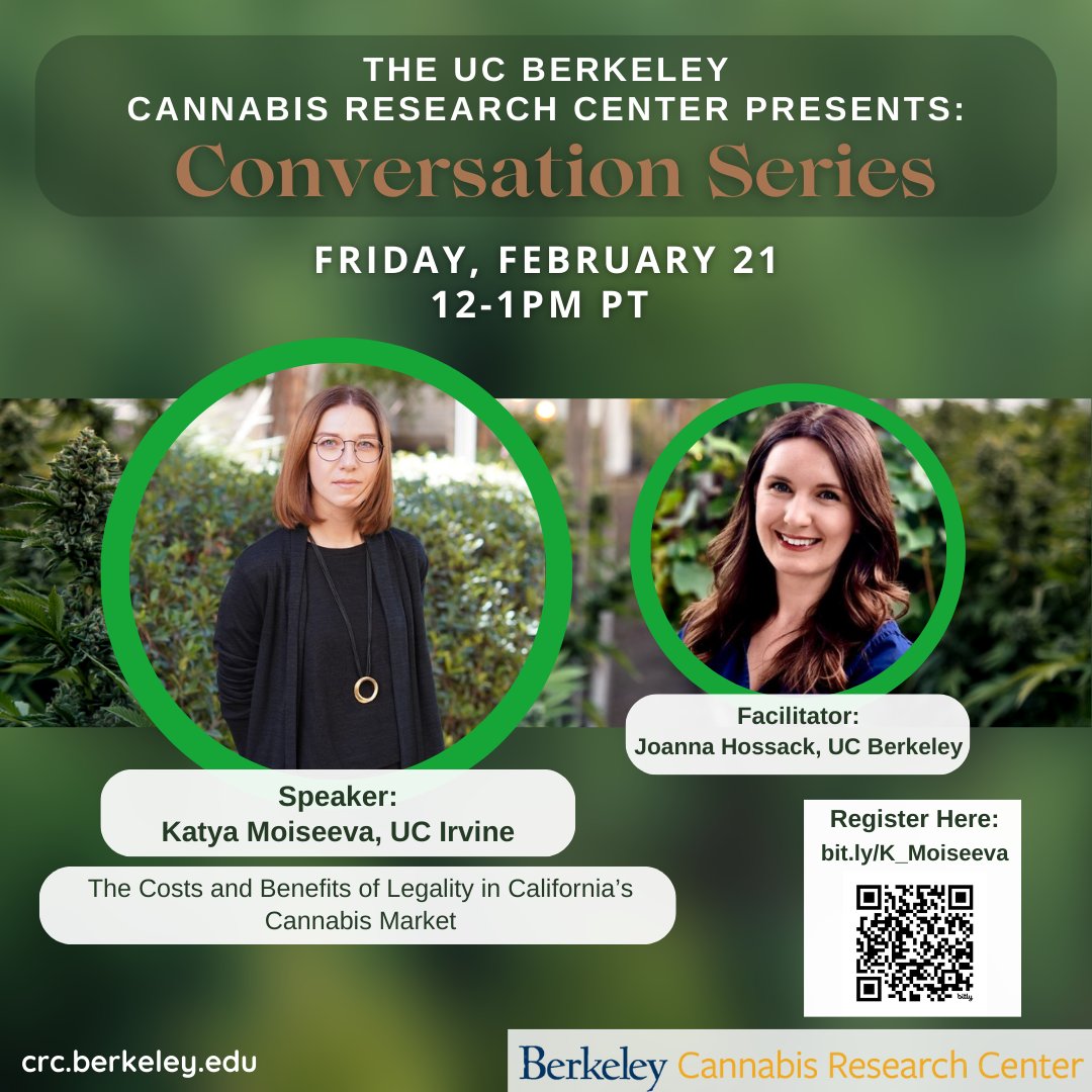 Join us next Friday, 2/21, to discuss the costs and benefits of legality in the California cannabis market with Katya Moiseeva! Joanna Hossack, J.D., will be facilitating this conversation. Register here: bit.ly/K_Moiseeva