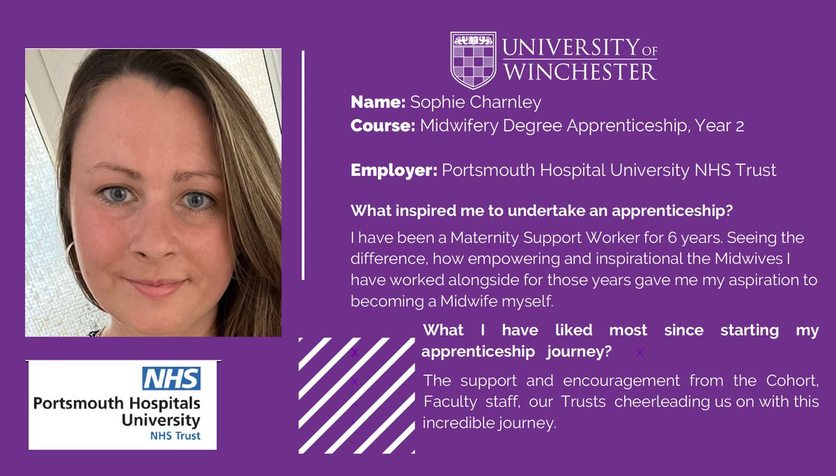 Proud to celebrate our Inspiring Apprentices #NAW2025 <a href="/_UoW/">University of Winchester</a> 
 
Sophie Charnley 2nd year Apprentice Midwife employed by <a href="/PHU_NHS/">Portsmouth Hospitals University NHST</a> 

Recognising Sophie's incredible journey and the cheerleading from the entire cohort, the staff, and the Trust 😻📣