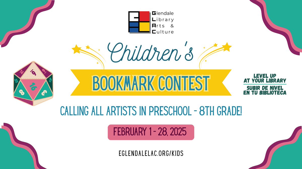 myglendaleLAC's tweet image. Calling all artists in preschool through 8th grade! eglendalelac.org/kids-bookmark-…

Come to a #GLACLibrary during library hours to pick-up a contest form. This year's theme is "level up your library." Show us how you would level up #GlendaleCA Libraries.
