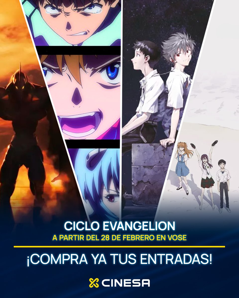 Cinesa's tweet image. ¡Atentos! A partir del 28 de febrero podrás disfrutar del ciclo #Evangelion en #VOSE🙌
Durante cuatro semanas estrenaremos una película cada viernes ✨
Compra ya tus entradas 👉 ow.ly/Rpq050UXAWv 🎟