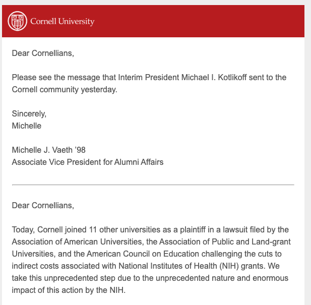 samstein's tweet photo. NEW -- universities are getting in on the act, filing suit against the Trump administration over the NIH indirect cost cap. Here is a note from Andy Bernard's Cornell https://t.co/PGeDWIYQO6