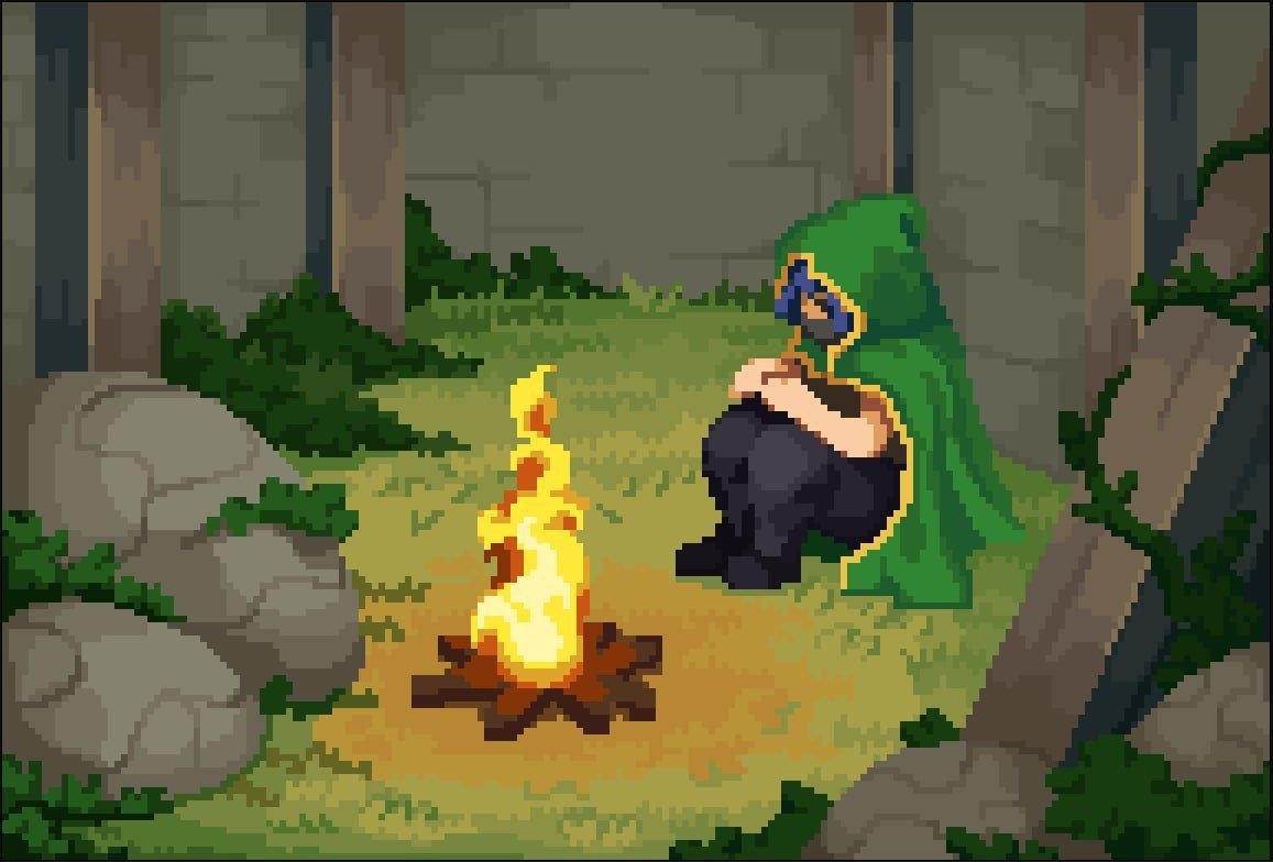 The dungeons inch closer every day...

Firelight dances on stone walls, a moment of calm in the wilderness. The cloaked figure rests, the weight of tomorrow’s raid heavy in their thoughts.

Every flame flicker whispers a question: are they ready for what waits below?

The night