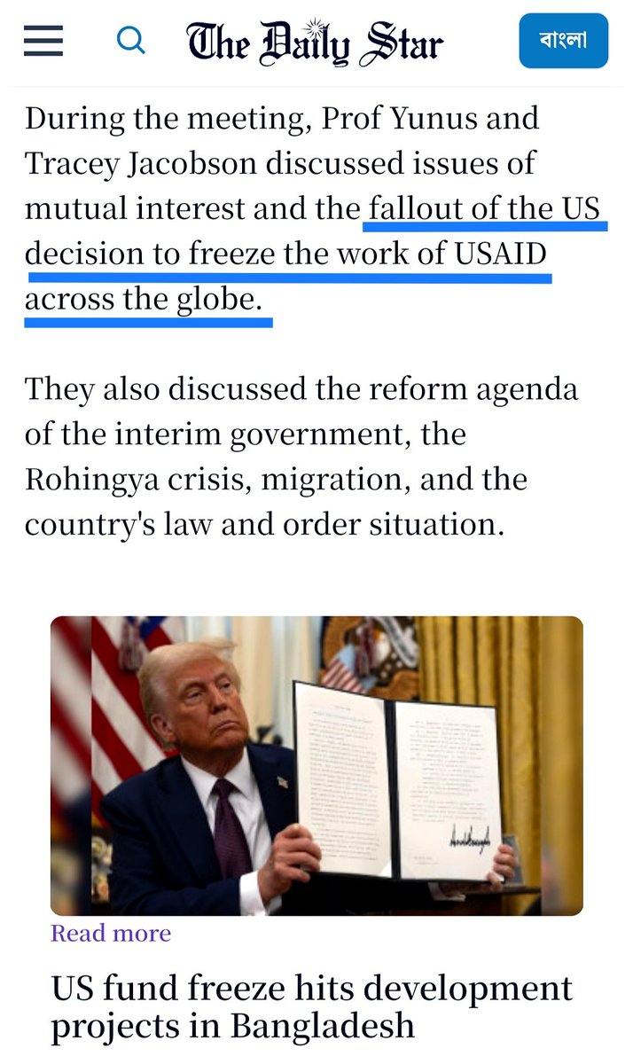 BDcrisis's tweet image. Today
Dr. #Yunus expresses #concern to Donald #Trump’s decision for #freezing #USAID fund to #Bangladesh, while meeting with #US Charge d’affaires #Tracey Jacobson.

Why is he #tensed actually?

@elonmusk @TulsiGabbard @ihcdhaka @MEAIndia @MikeBenzCyber @Chellaney @Iyervval @ANI