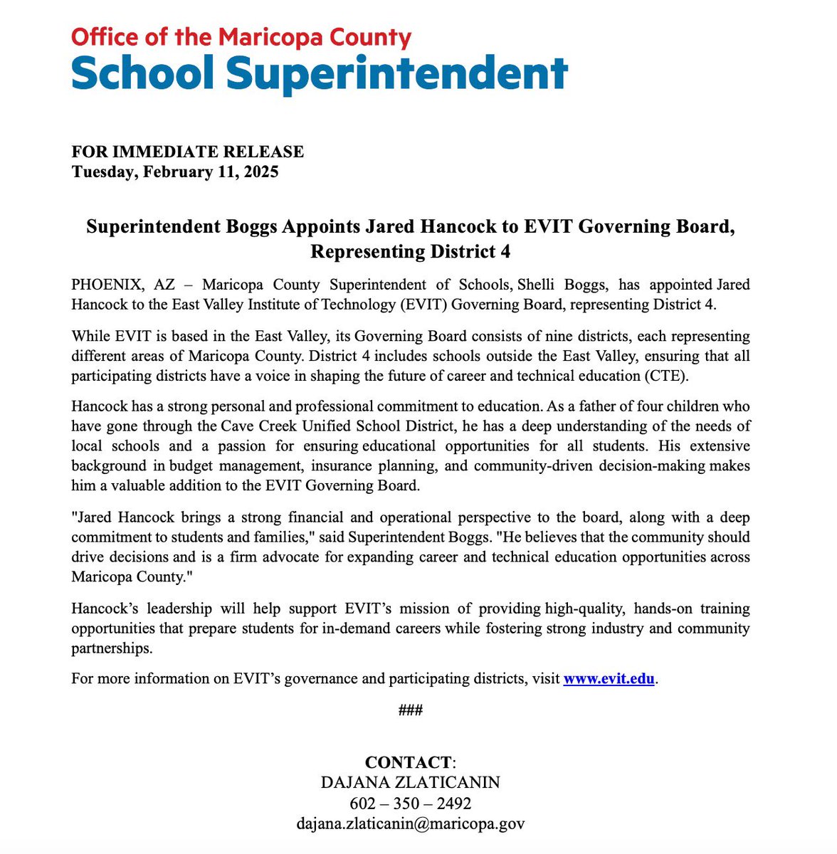 mcschoolsup's tweet photo. FOR IMMEDIATE RELEASE: Superintendent Boggs Appoints Jared Hancock to EVIT Governing Board, Representing District 4 

#EVIT https://t.co/h9hG0Tu2vL