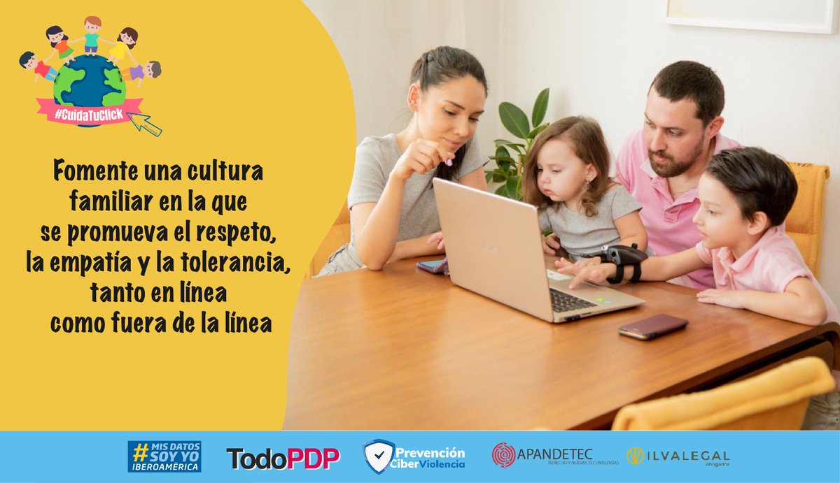 🌐💬 El respeto y la empatía empiezan en casa. 
Fomentemos una cultura digital libre de ciberbullying, donde niñas, niños y adolescentes aprendan a convivir en línea con tolerancia y respeto. 
💛📱 ¡Hagamos la diferencia! 
🔒 #CuidaTuClick #NoAlCiberbullying #RespetoDigital