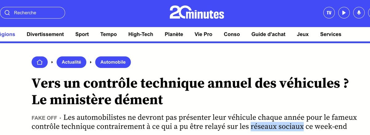 Quand une fausse info se propage… non pas à partir des réseaux sociaux, mais depuis la presse.

👉 Chronologie d'une fake news concernant le "contrôle technique obligatoire tous les ans" venant des médias et non des réseaux comme certains journaux l'affirment :

🔹22 janvier :