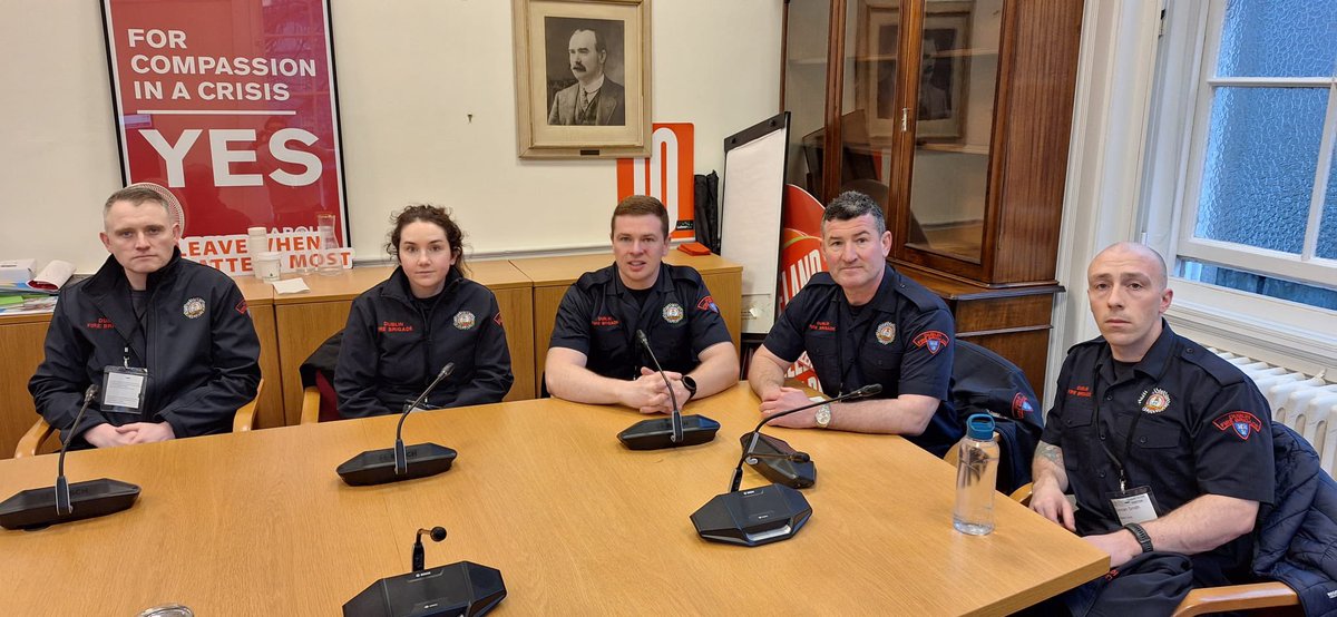SIPTU's tweet image. As part of the #SecureOurFuture Campaign, Dublin Firefighters were at Dáil Éireann today. 

The Minister for Housing @JamesBrowneTD has not replied to our letter asking Fianna Fáil honour its #GE24 commitments to our campaign.

Thanks to @DuncanSmithTD and @labour for hosting us.