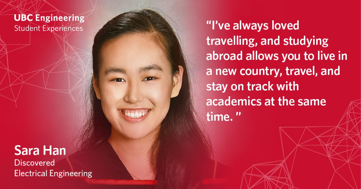 ubcengineering's tweet image. Meet Sara Han, an @ECEUBC Student transforming her #UBCEngineering journey with global exchange programs. 🌍 bit.ly/40pMHhJ

From @ETH_EN to @NUSingapore and @Cambridge_Uni she is learning with students from around the world who are also passionate about their fields.