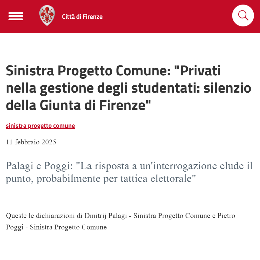FI_Possibile's tweet photo. "L'Assessore Danti ha risposto alla nostra interrogazione, ma non ha risposto a tutte le nostre domande. Avevamo chiesto una presa di posizione rispetto all'ipotesi di vedere i #privati entrare nella gestione degli #studentati #pubblici.
Ha preferito parlare di altro, dandoci informazioni certo interessanti, ma non risolutive.
Ci ha spiegato che il 5 febbraio 2025 si è tenuto un incontro sull'emergenza abitativa universitaria fra varie parti. Cosa sia emerso non lo ha detto, ma ci saranno altri appuntamenti.
È stato ribadito che tra Lupi di Toscana e San Salvi dovrebbero arrivare 144 nuovi posti per la popolazione studentesca. Come a dire "però ci stiamo muovendo".
Rimane la necessità di dire al Presidente della Regione #Toscana che ulteriori #privatizzazioni, con il proliferare di studentati privati, sono un errore. Probabilmente con l'avvicinarsi delle regionali si preferisce rimanere in silenzio (anche se ringraziamo sinceramente l'Assessore per rispondere in forma scritta nei tempi previsti dal regolamento).
A questo punto presenteremo una risoluzione, per dare un'indicazione come Consiglio comunale".
https://t.co/hKxcWVHPj6
#SPC_Firenze