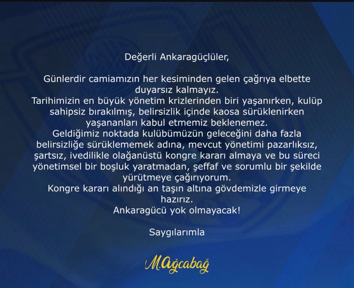 Değerli Ankaragüçlüler,

Günlerdir camiamızın her kesiminden gelen çağrıya elbette duyarsız kalmayız.
Tarihimizin en büyük yönetim krizlerinden biri yaşanırken, kulüp sahipsiz bırakılmış, belirsizlik içinde kaosa sürüklenirken yaşananları kabul etmemiz beklenemez. 
Geldiğimiz