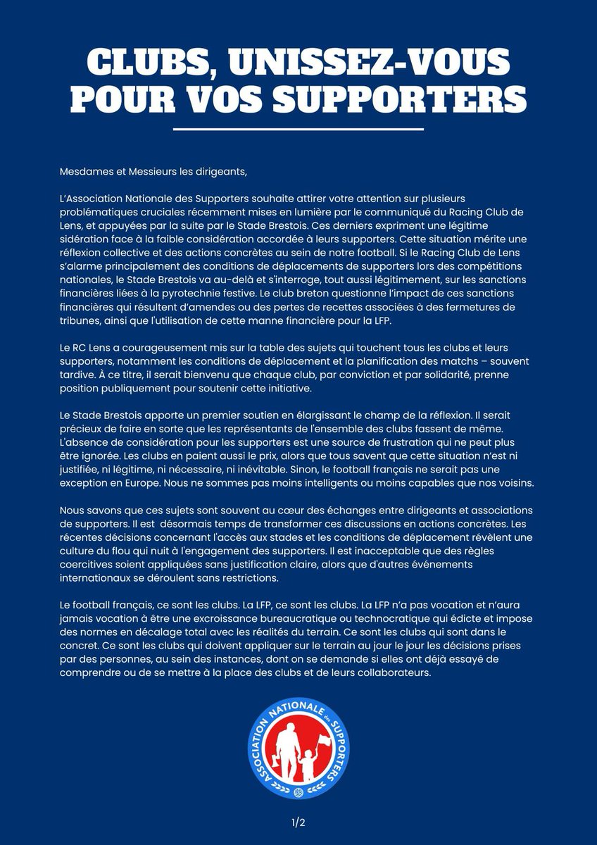 A_N_Supporters's tweet photo. L'Association Nationale des Supporters salue les prises de position récentes du Racing Club de Lens et du Stade Brestois. Afin d'encourager leurs homologues à soutenir ces initiatives, l'ANS a adressé ce courrier aux clubs de Ligue 1 et Ligue 2 la semaine passée. https://t.co/rZQIQV0BtH