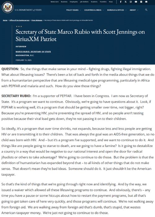 We are encouraged to hear U.S. Secretary of State <a href="/SecRubio/">Secretary Marco Rubio</a> voicing his support for PEPFAR and its lifesaving work, reaching millions of people living with and affected by HIV. Appreciations to UNAIDS for working closely with the U.S. Government and all partners to #endAIDS.