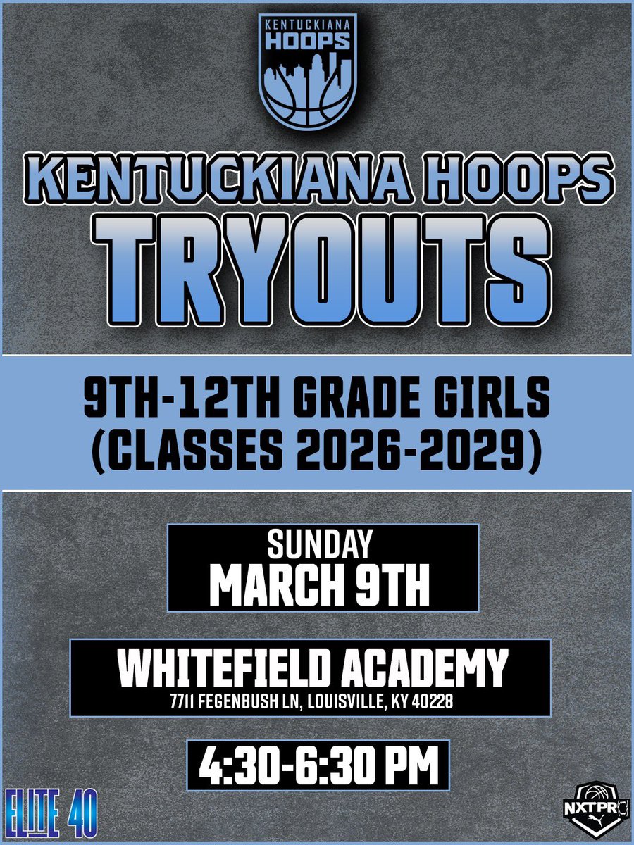 Kentuckiana Hoops Girls AAU (@kyin_hoops_gbb) on Twitter photo 🚨 TRYOUTS 🚨
If you’re going into 9-12th grade next year and want to tryout to play for Kentuckiana Hoops on the <a href="/PRO16G/">NXTPRO Girls League</a> and the <a href="/Elite40League/">Elite 40 League</a> this spring and summer, please see graphic for info.
Please DM us if you have any questions. 🚨 TRYOUTS 🚨
If you’re going into 9-12th grade next year and want to tryout to play for Kentuckiana Hoops on the <a href="/PRO16G/">NXTPRO Girls League</a> and the <a href="/Elite40League/">Elite 40 League</a> this spring and summer, please see graphic for info.
Please DM us if you have any questions.