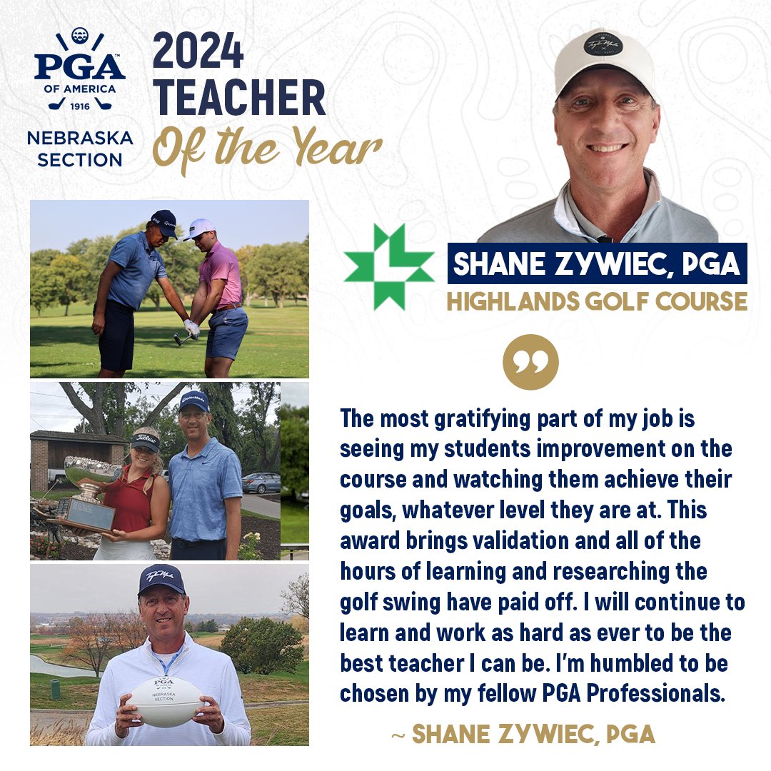 Shane Zywiec of Highlands GC named the 2024 Teacher of the Year!

🔷 800+ Individual Lessons in 2024
🔷 Ran Seward Junior Golf Program
🔷 Two students competed in the <a href="/pinnbankgolf/">Pinnacle Bank Championship</a>
🔷 11 students medaled at Nebraska State Golf Championships

Congrats <a href="/shanezywiecpga/">szywiec</a>! 👏