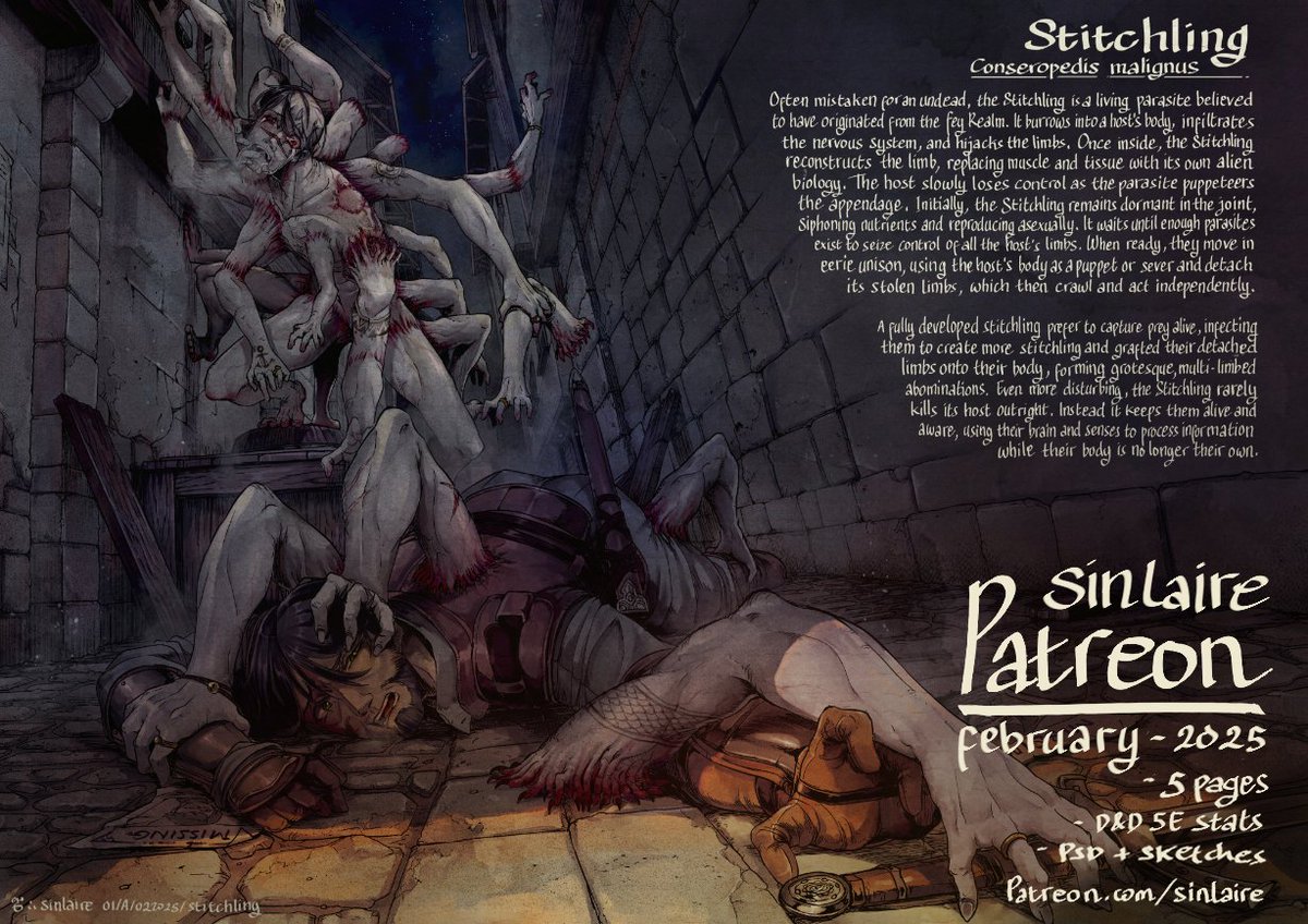 MukhlisNur's tweet image. February Reward - Stitchling  
Conseropedis malignus 

A parasitic creature that takes over and steals a creature's limbs. When they gathered, they formed a horrific being with dozens of limbs.

All pages and D&amp;amp;D 5th Edition stats are available for Patron. #dnd #patreon #dnd5e