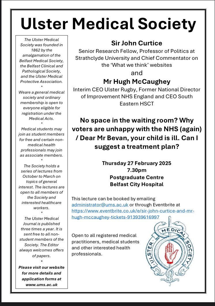 Mark Vignesha Roberts (@markvignesha) on Twitter photo This season’s penultimate <a href="/UlsterMedSoc/">UlsterMedicalSociety</a> evening @ Belfast City hospital…
A mouthwatering double act!
John is taking us on an analytical journey of the public’s attitudes to the health service, followed by Hugh drawing on his huge leadership experience to inform his reflections This season’s penultimate <a href="/UlsterMedSoc/">UlsterMedicalSociety</a> evening @ Belfast City hospital…
A mouthwatering double act!
John is taking us on an analytical journey of the public’s attitudes to the health service, followed by Hugh drawing on his huge leadership experience to inform his reflections
