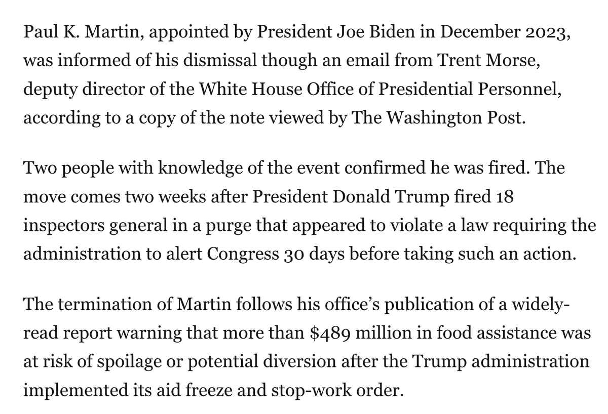 NEW: White House has fired the USAID inspector general after his office's blistering report on the consequences of Trump's aid pause. W/ <a href="/DavidNakamura/">David Nakamura</a> and Lisa Rein