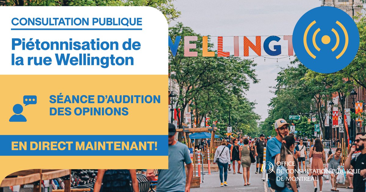 Piétonnisation permanente de la rue Wellington 🚶‍♀️👨‍🦽🌳

La séance d'audition des opinions commence dans quelques instants!

Pour suivre en direct 🔴
💻 ocpm.qc.ca/wellington
📞 438 809-7799, dès 18 h 45 - Code : 546 857 6125

Horaire de la soirée 👇 
ocpm.qc.ca/sites/default/…