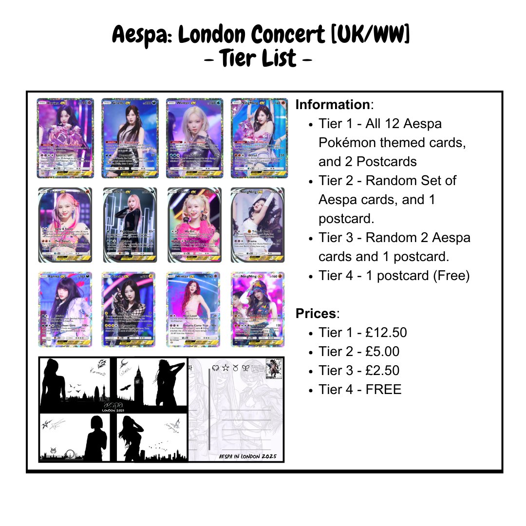 -- Aespa Concert: London, March 2025 --
Fundraiser for fanmade postcards &amp; Pokemon themed trading cards!
Preorder to reserve items under your name
Deadline: Feb 17th
More details in form:
forms.gle/wtQktMSSgfJp4b…
(aespa photocard karina giselle winter ningning)
pls like &amp; retweet!