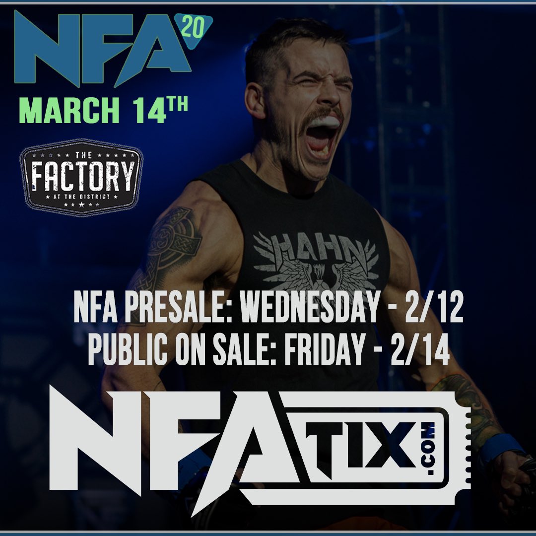 Hey fight fans, it's almost that time!  NFA returns on March 14th to <a href="/thefactory_stl/">The Factory STL</a> in Chesterfield, MO
Tickets go on sale to the public this Friday!  NFA fans can use promo code NFA20 to get a jump on the line starting this Wednesday at 10AM. Just go to NFATIX.COM