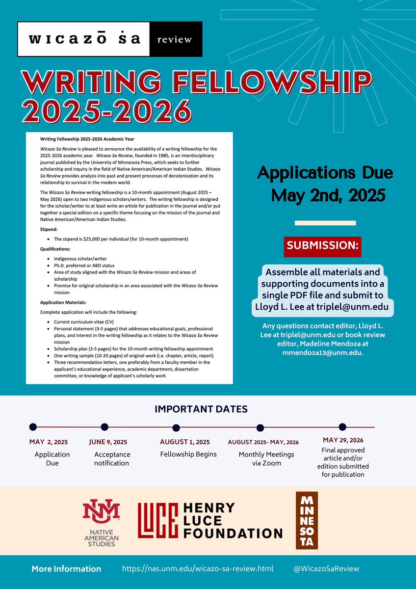 WicazoSaReview's tweet image. The Wicazo Sa Review Writing Fellowship is now accepting applications for the 2025-2026 academic year!
🔹 Stipend: $25,000 for a 10-month appointment
🔹 Who Can Apply: Indigenous scholars/writers (Ph.D. preferred or ABD status)
🔹 Application Deadline: May 2, 2025