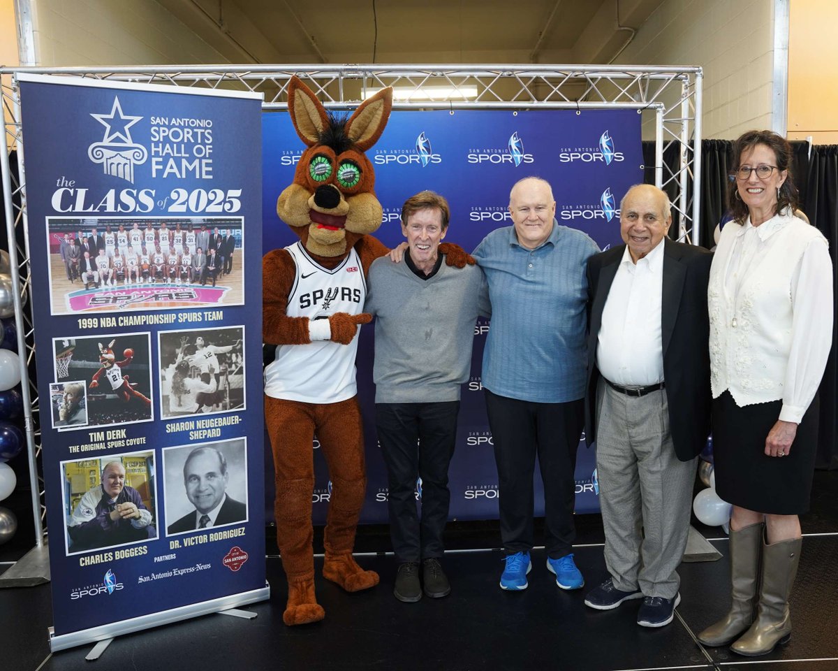. <a href="/SA_Sports/">San Antonio Sports</a> Hall of Fame Class of 2025! 1999 NBA Champion @Spurs, original Coyote, Tim Derk, the winningest high school basketball coach in SA history, Charlie Boggess,  former @saisd super., Dr. Victor Rodriguez &amp; All-Amer. Sharon Neugebauer-Shepard 🔗ow.ly/6HYJ50UY6jb